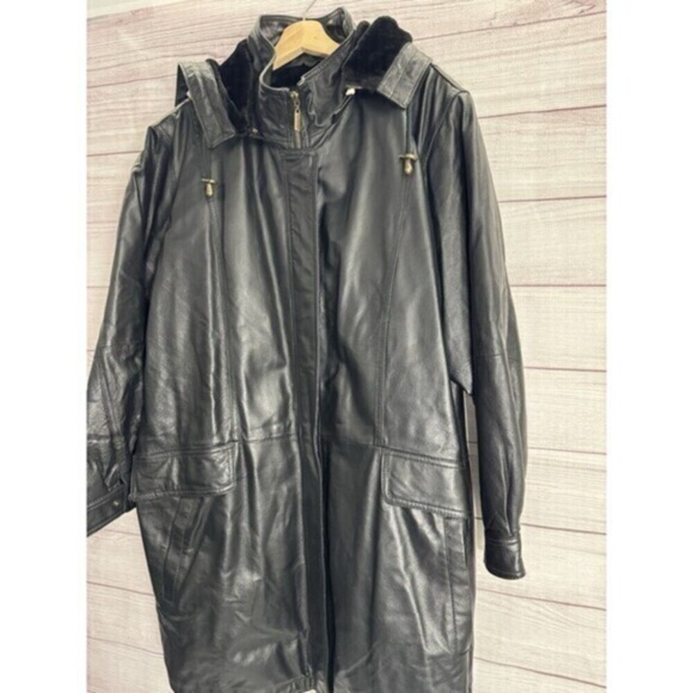 Veranesi Women's Genuine Leather Coat 28W Plus Black Faux Fur Lined Hood Parka